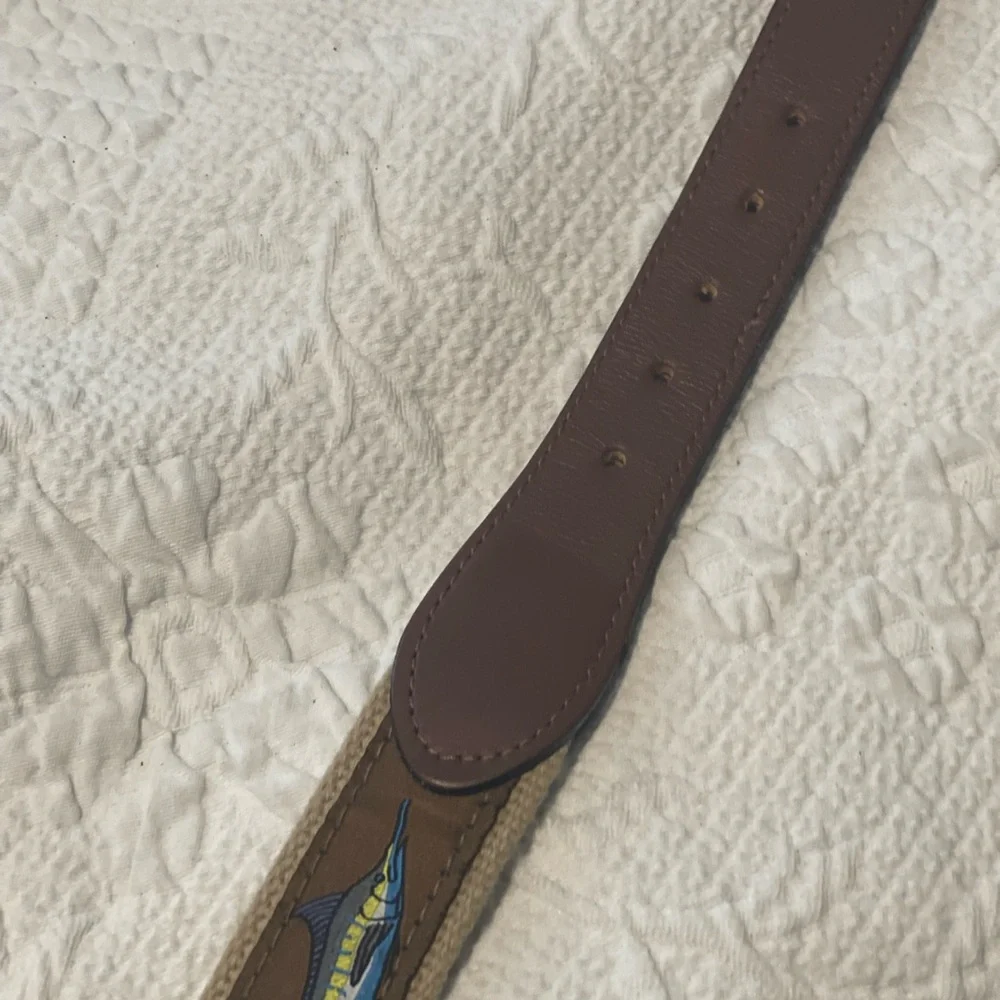 Fish Design Leather-Trim Kids Belt - Brown tan Blue Sz 26 Measure 31 W/O Buckle